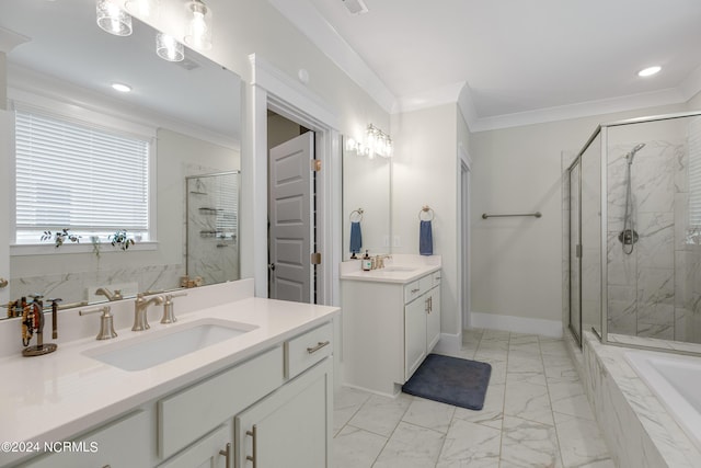 bathroom featuring vanity, ornamental molding, and shower with separate bathtub