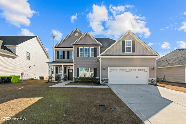 craftsman inspired home with a front lawn, a porch, a garage, and central AC