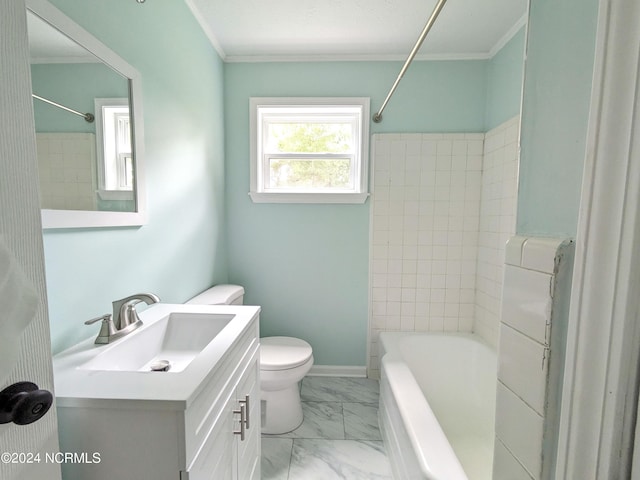 full bathroom with tiled shower / bath combo, vanity, toilet, and ornamental molding