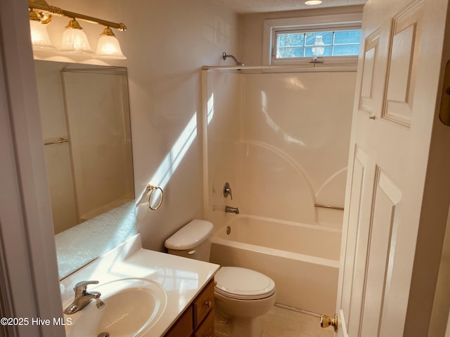 full bathroom with shower / bathtub combination, vanity, and toilet