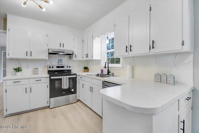 kitchen with sink, stainless steel range with electric cooktop, white cabinetry, kitchen peninsula, and light hardwood / wood-style floors