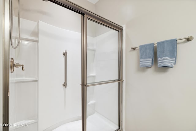 bathroom with a shower with shower door