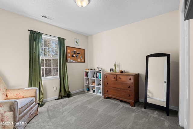 sitting room with carpet flooring and a textured ceiling