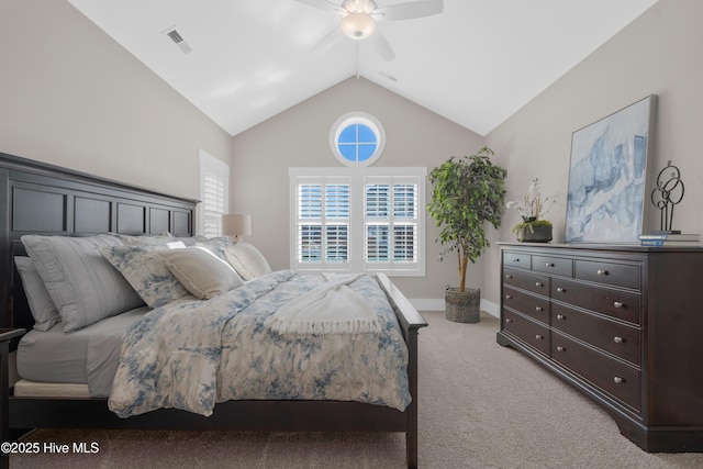 carpeted bedroom featuring ceiling fan and lofted ceiling