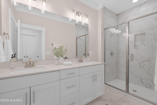 bathroom featuring vanity and a shower with shower door