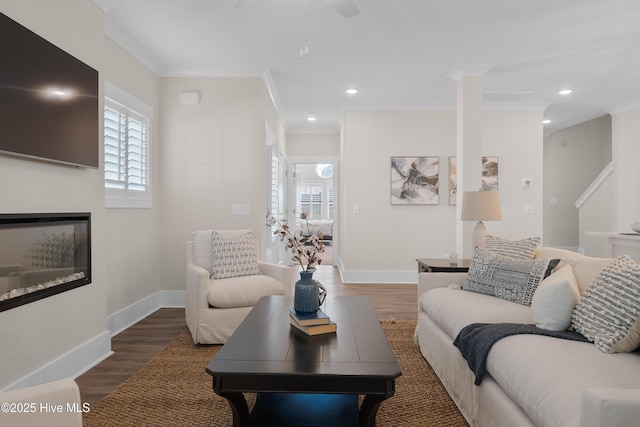 living room with a healthy amount of sunlight, crown molding, and dark wood-type flooring