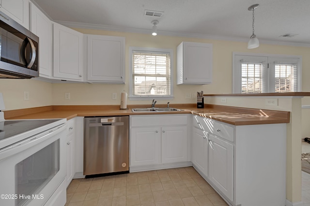 kitchen with a wealth of natural light, sink, pendant lighting, white cabinets, and appliances with stainless steel finishes