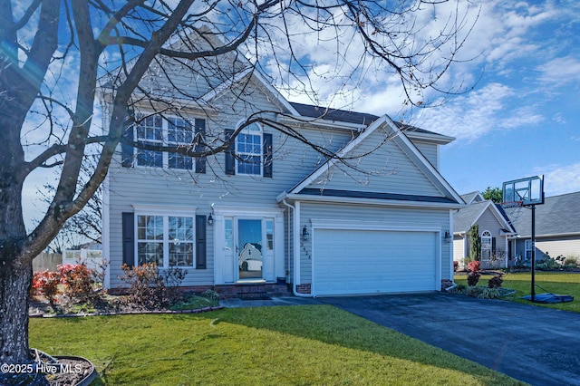 view of front facade featuring a garage, a front lawn, and cooling unit