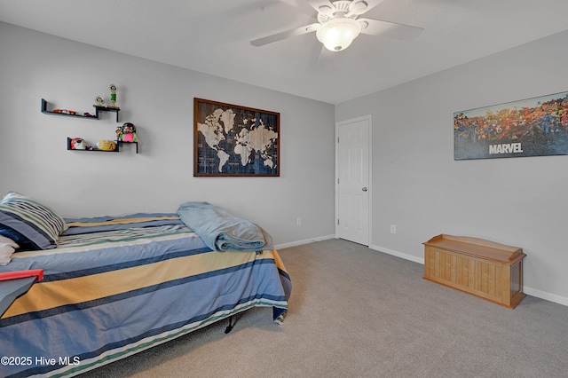 bedroom with ceiling fan and carpet floors