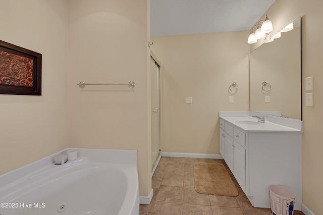 bathroom featuring tile patterned floors, separate shower and tub, vanity, and a textured ceiling