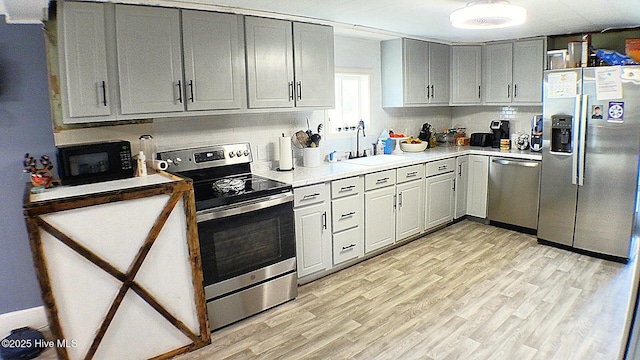 kitchen with gray cabinets, sink, and stainless steel appliances