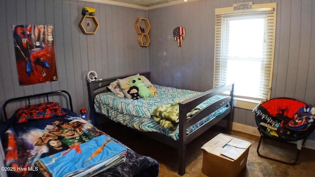 bedroom featuring carpet and ornamental molding