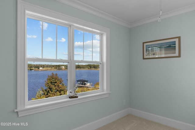 carpeted empty room with a water view and crown molding