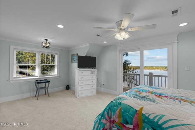 carpeted bedroom featuring access to outside, ceiling fan, and ornamental molding