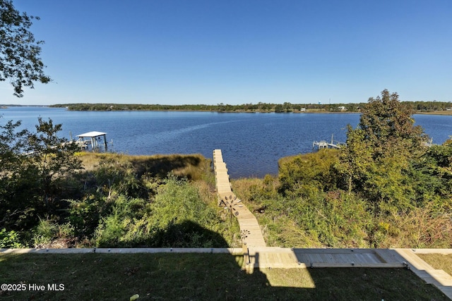 water view featuring a dock