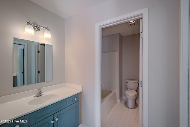 full bathroom with toilet, tile patterned floors, vanity, and shower / bathing tub combination