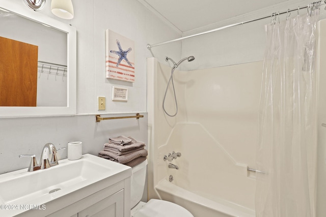 full bathroom featuring vanity, shower / bath combo, and toilet