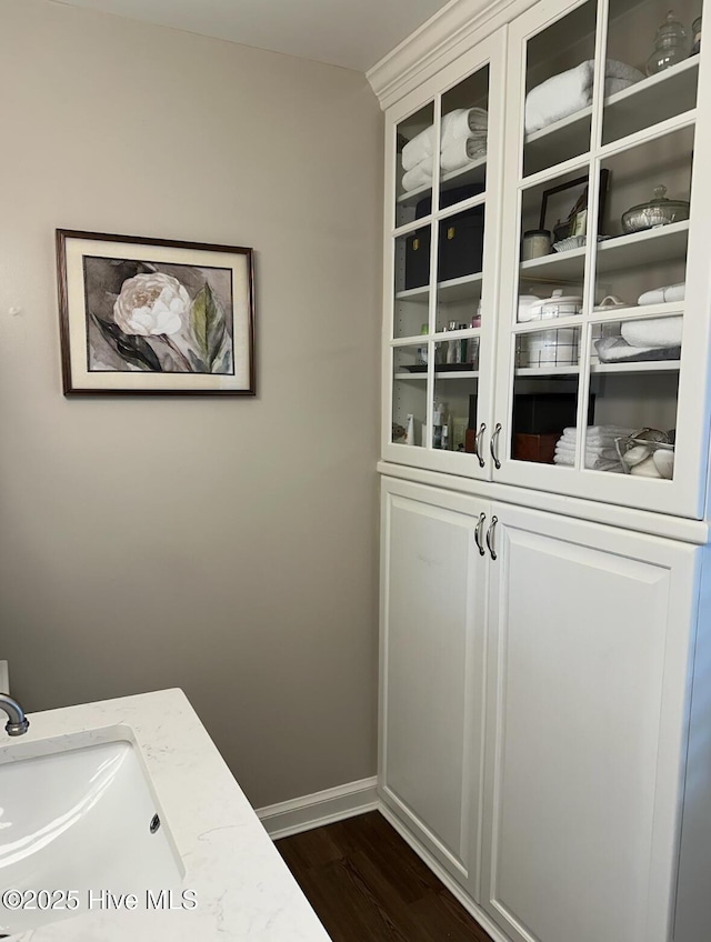 interior space with cabinets, sink, and dark hardwood / wood-style flooring