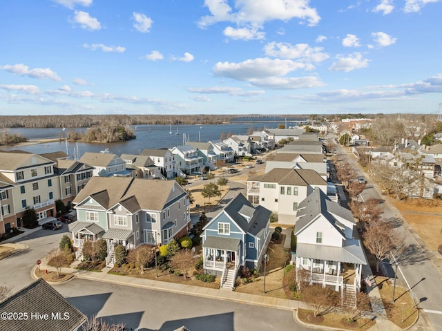 drone / aerial view featuring a water view