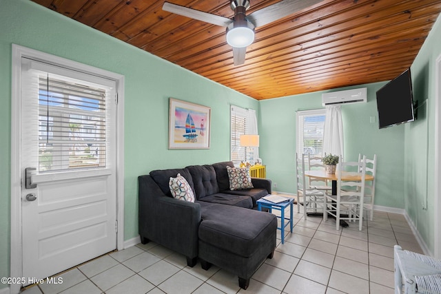 tiled living room with a wall mounted air conditioner, ceiling fan, and wood ceiling