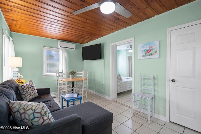 living room featuring a wall unit AC, light tile patterned floors, and wood ceiling