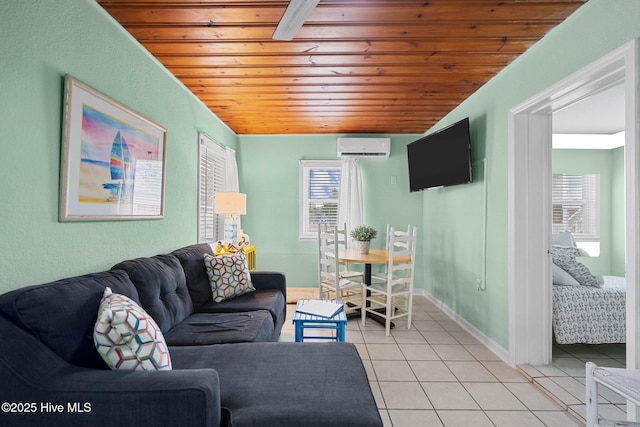 tiled living room with an AC wall unit and wooden ceiling