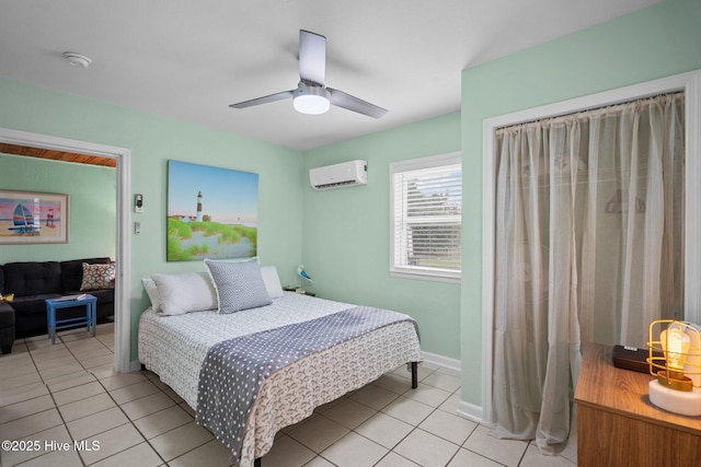 tiled bedroom with an AC wall unit and ceiling fan