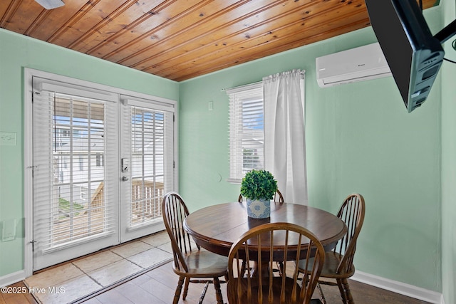 dining space with french doors, wood ceiling, and a wall mounted air conditioner