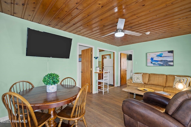 dining area with ceiling fan, dark hardwood / wood-style flooring, and wooden ceiling