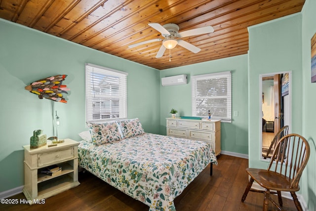 bedroom with a wall unit AC, ceiling fan, dark wood-type flooring, and wood ceiling