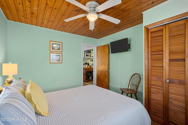 bedroom featuring ceiling fan, a closet, and wood ceiling