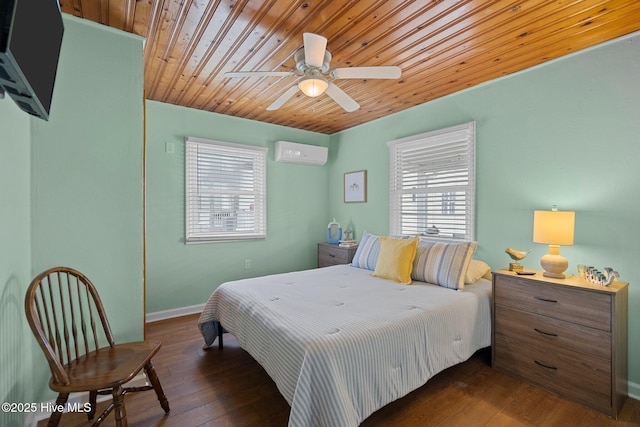 bedroom with ceiling fan, dark wood-type flooring, an AC wall unit, multiple windows, and wood ceiling