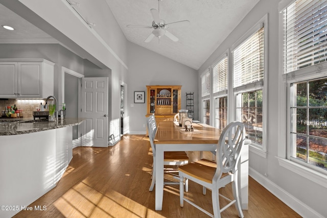 dining area with ceiling fan, sink, light hardwood / wood-style floors, a textured ceiling, and vaulted ceiling