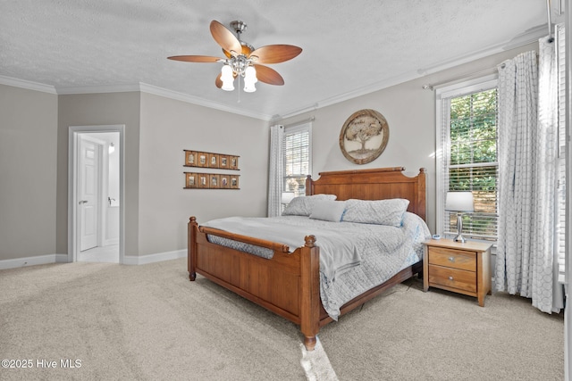 carpeted bedroom with ceiling fan, ornamental molding, a textured ceiling, and multiple windows