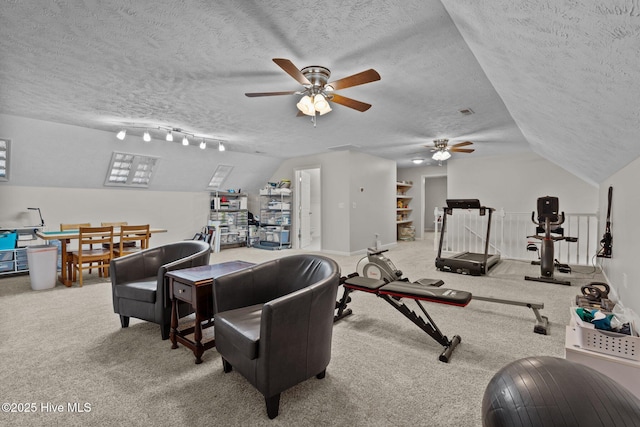 interior space featuring a textured ceiling, ceiling fan, carpet floors, and vaulted ceiling