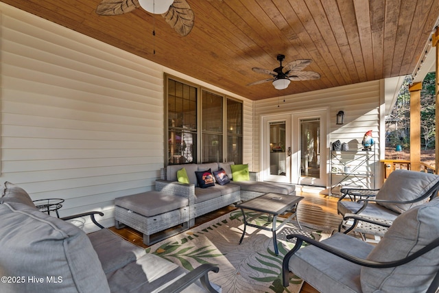 view of patio featuring french doors, an outdoor hangout area, and ceiling fan