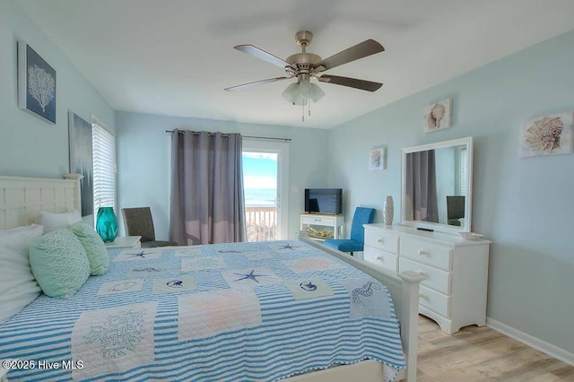 bedroom featuring light wood-type flooring and ceiling fan