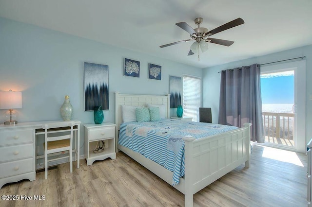 bedroom with ceiling fan and light hardwood / wood-style floors