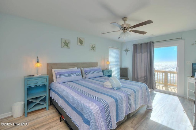 bedroom with ceiling fan, access to outside, and light wood-type flooring