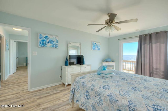 bedroom featuring ceiling fan, access to outside, and light wood-type flooring