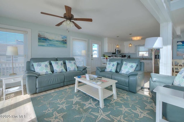 living room with sink, ceiling fan, and hardwood / wood-style flooring