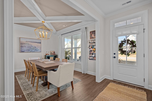 dining room with coffered ceiling, crown molding, dark hardwood / wood-style floors, beamed ceiling, and a chandelier