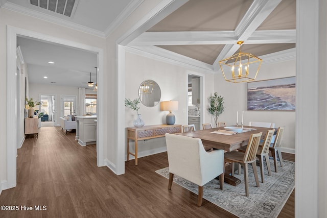 dining area with coffered ceiling, ceiling fan with notable chandelier, crown molding, beam ceiling, and dark hardwood / wood-style flooring