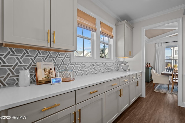 kitchen featuring decorative backsplash, dark hardwood / wood-style floors, and ornamental molding