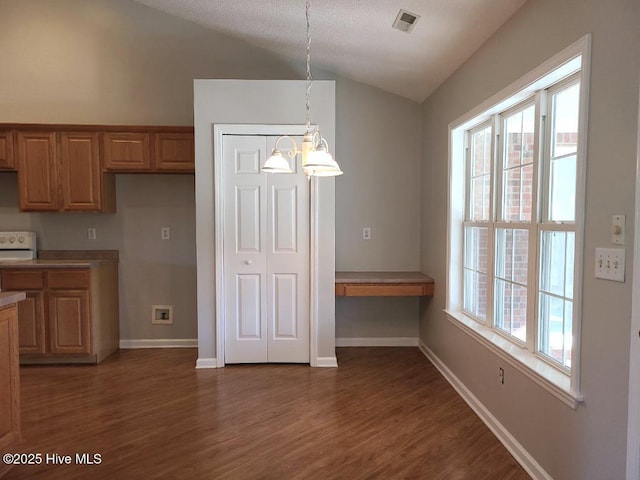 kitchen with decorative light fixtures, an inviting chandelier, a wealth of natural light, and vaulted ceiling