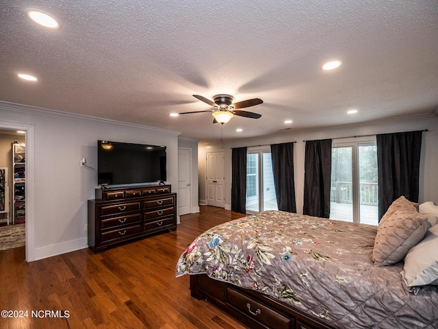 bedroom with a textured ceiling, access to outside, ceiling fan, crown molding, and dark hardwood / wood-style floors