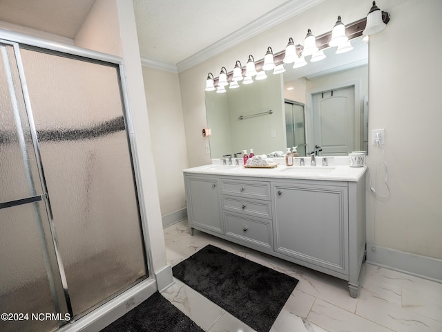 bathroom featuring vanity, an enclosed shower, and ornamental molding