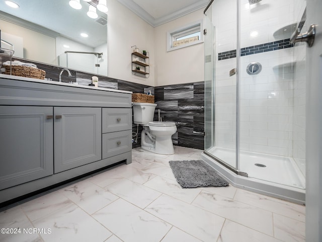 bathroom featuring an enclosed shower, toilet, vanity, tile walls, and ornamental molding