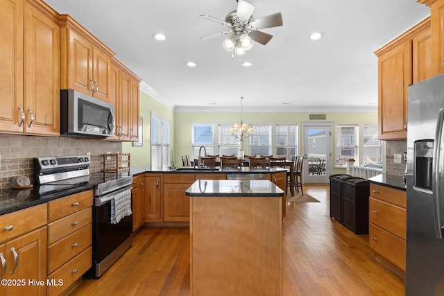 kitchen featuring a sink, ceiling fan with notable chandelier, a peninsula, ornamental molding, and stainless steel appliances