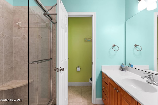 390 E Second St, Ocean Isle Beach, NC 28469 - full bathroom with a shower stall, toilet, vanity, tile patterned flooring, and baseboards